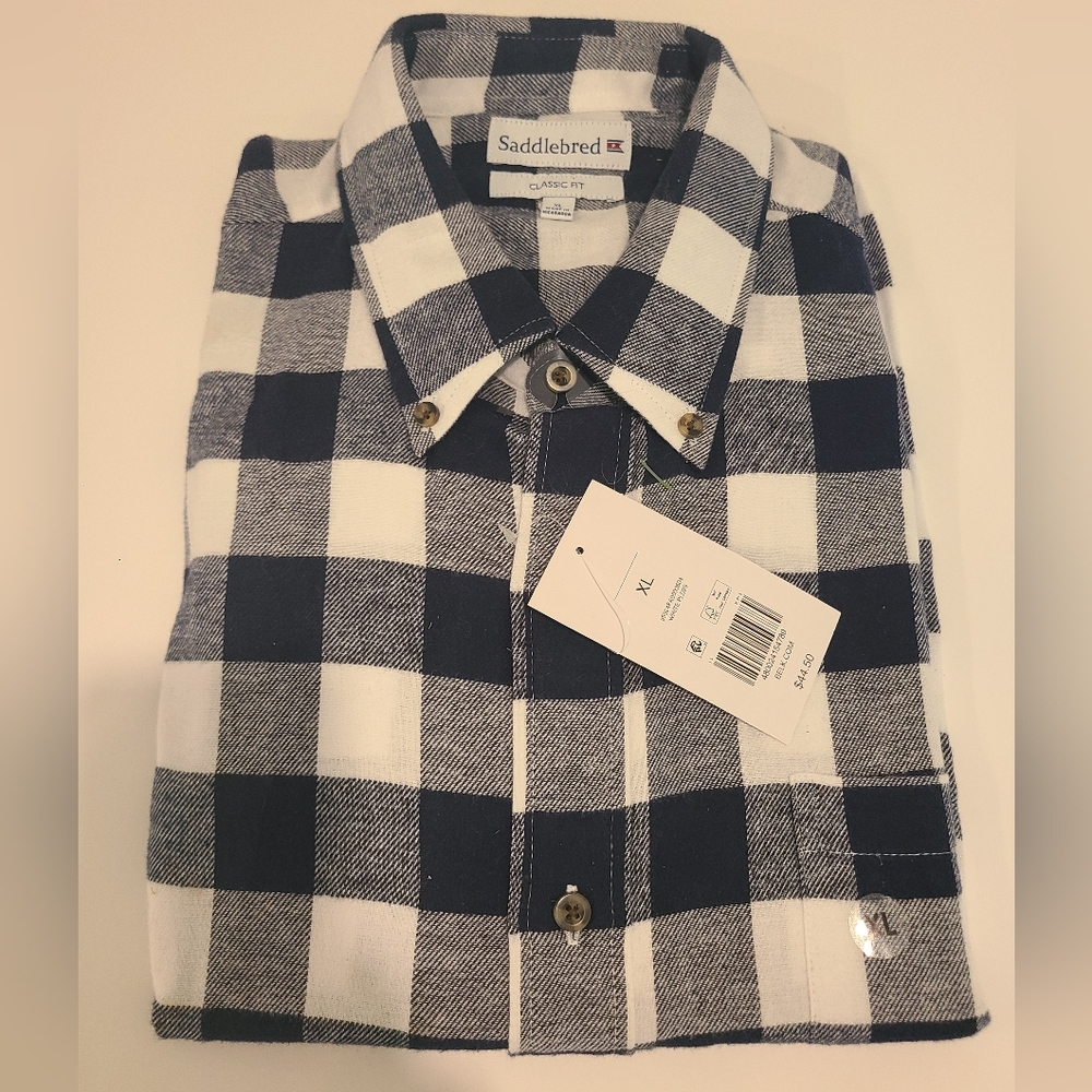 SADDLEBRED Mens Size XL Navy Blue White Plaid Flannel Shirt Long Sleeves NWT